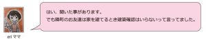 はい、聞いたことがあります。でも隣町のお友達は家を建てるとき建築確認はいらないって言ってました。