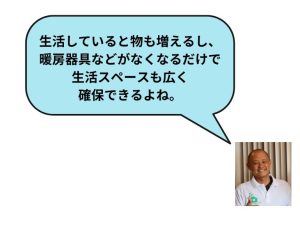 生活していると物も増えるし、暖房器具などがなくなるだけで生活スペースも広く確保できるよね。